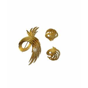 Vintage Gold Tone Phoenix Feather Brooch & Clip Earring Set Mid Century Unsigned